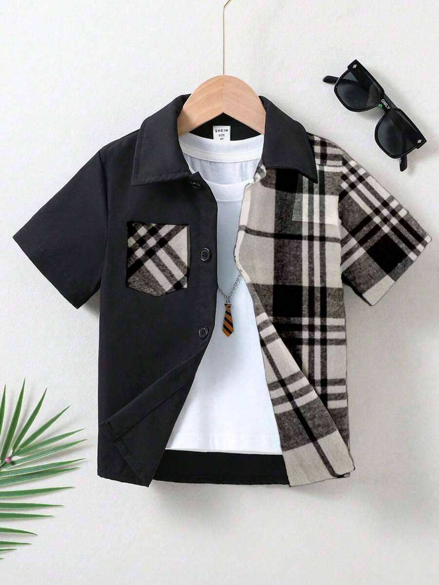 SHEIN Explorewe 1pc Young Boy Plaid Patchwork Collar Long Sleeve Shirt, Comfortable Casual Versatile Suitable For Outdoor, Summer, Leisure, Party, Daily Wear, School, Travel, Gathering - Black - View 1