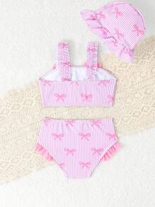 Baby Girls Cute Bow Print Swimsuit Three-Piece Set - Multicolor - View 2