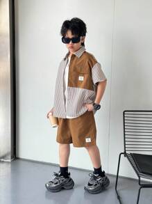 SHEIN 2pcs/Set Tween Boys Comfortable Casual Loose Fit Fashion Personalized Striped Shirt & Contrast Color Shorts Set, Suitable For Daily Wear, Sports, Outings, School, Parties, Holidays, Photoshoots, Back To School Season, Spring/Summer