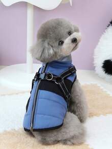 Autumn/Winter New Animal Outfit, Pet Padded Coat, Thick Warm Clothing, Cat Clothes, Dog Parka, Cat Puffers, Animal Costumes, Cat Warm Outfits, British Style Tether Padded Coat, Reflective Coat, Warm Animal Padded Vest, Fall/Winter Essential, Reflective Strip Padded Coat - Blue - View 1