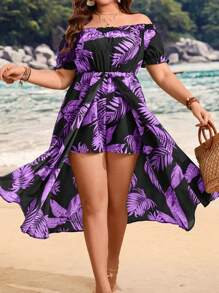 SHEIN Clasi Plus Size Off-Shoulder Short Sleeve Jumpsuit, Fashionable For Summer - Purple - View 1