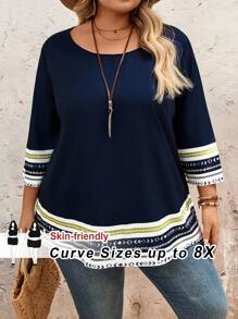 SHEIN CURVE+ Camisa de mujer de talla grande, holgada, de cuello redondo y manga 3/4 con estampado retro, adecuada para primavera/verano, curvas, vacaciones en la playa, vestidos de playa, conjuntos de vacaciones en la playa, accesorios de playa, graduación, vestido para té