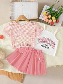 SHEIN 3pcs Girls Casual Fashion School Style Set: Fuchsia Mesh Round Neck Short Sleeve Top, White Camisole, And Fuchsia Pleated Shorts - Pink - View 6
