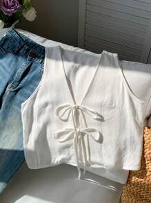 Comfortcana Blusa con nudo frontal de lino para mujer, top sin mangas