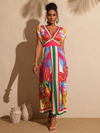 Vesra Färgglada tryck Djup V-ringad Batwing Sleeve Plisserad semesterklänning för kvinnor