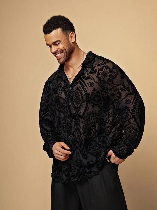 EASEVO Camisa tejida de manga larga negra suelta y casual con flocado para hombres de talla grande