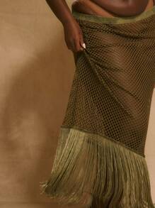 MUSERA Váy dệt kim cạp thấp dáng rộng, có tua rua, gợi cảm, dễ thương, thanh lịch, kiểu boho, thích hợp mặc đi bơi, nghỉ mát, dự tiệc, câu lạc bộ, lễ hội mùa hè. - xanh quân đội - Xem 5