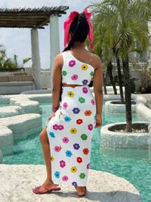Set de 2 piezas con Top asimétrica de cuello estampada con flores y falda ajustada con volantes para niñas preadolescentes en vacaciones