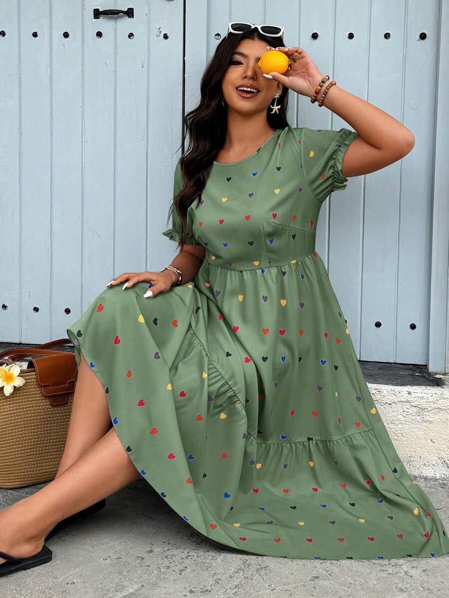 Calvaya Plus Size Heart Print Casual Dress, Vacation Style - Green - View 1
