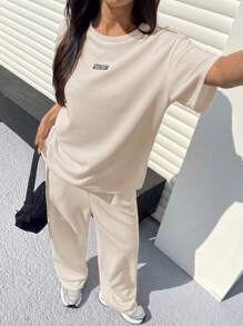 SHEIN EZwear Apricot Textured Casual Loose T-Shirt & Pants Set For Women - Apricot - View 3