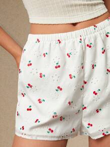 Poéselle Cute Cherry Print Eyelet Shorts - Perfect For Casual Summer Days And Easy Outfits,Women's Printed Shorts, Cherry Pattern Summer Shorts, Casual Summer Bottoms, Lightweight Beachwear, Floral Shorts For Women