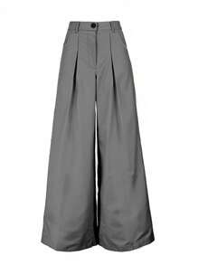 Pariaura 1pc Women's Solid Color Pleated Wide Leg Loose Pants, Suitable For Commuting & Casual Wear Fall Cloth For Women