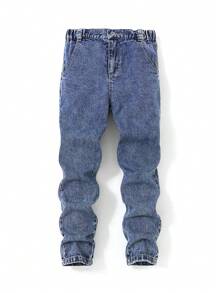 NEW & Versatile Comfortable All-Match Lightweight Relaxed Fit Non-Stretchable Tapered Leg Jeans For Tween Boys, Suitable For Casual Outing, Spring/Summer 2025 - Dark Wash - View 1