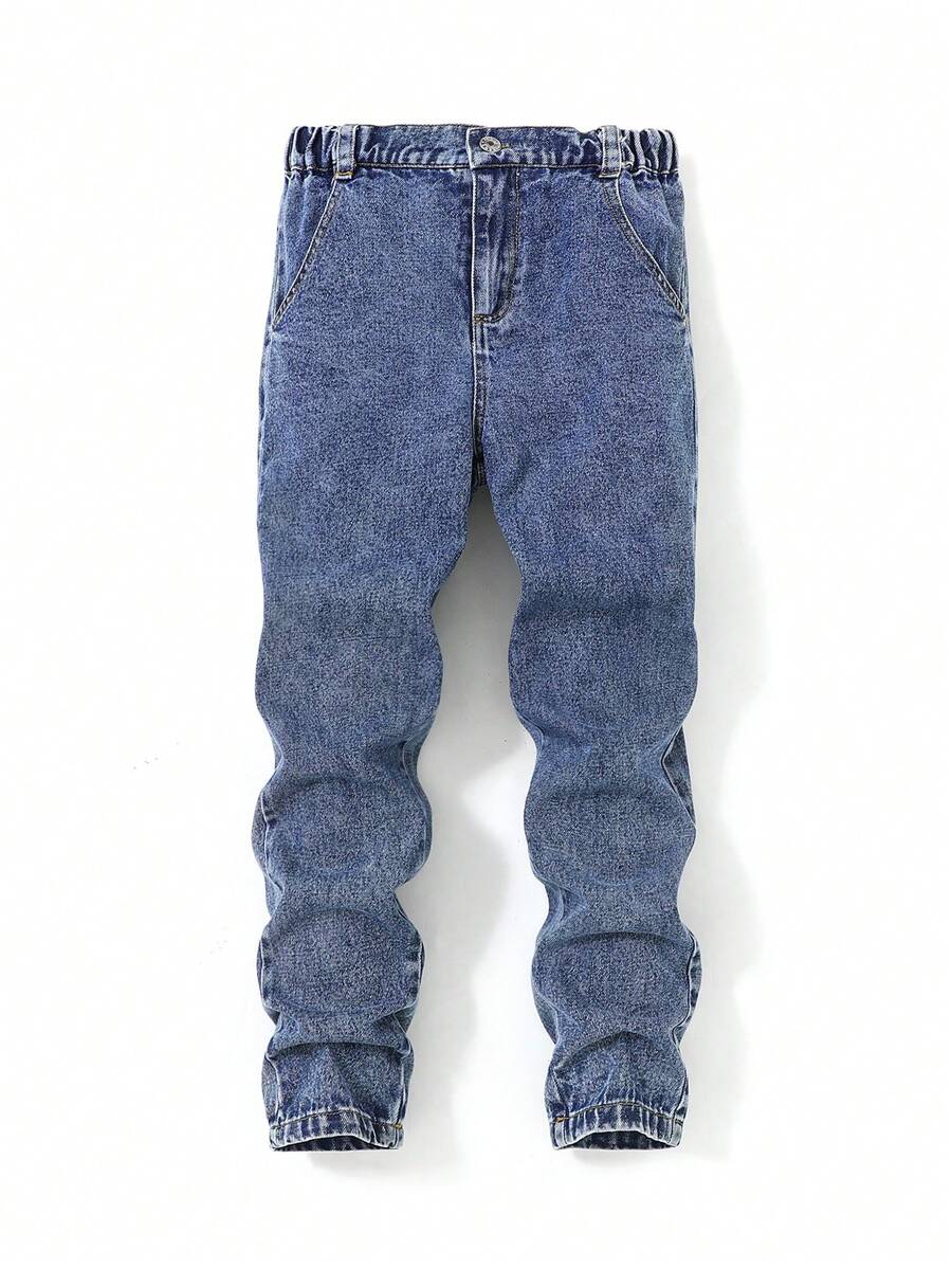 NEW & Versatile Comfortable All-Match Lightweight Relaxed Fit Non-Stretchable Tapered Leg Jeans For Tween Boys, Suitable For Casual Outing, Spring/Summer 2025 - Dark Wash - View 1