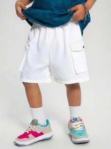 SHEIN Leap Crew Kids Boy Casual Street Style Comfortable Solid Color Patch Pocket Woven Shorts, Versatile For Commute, School, Daily Casual, Vacation, Sports, Suitable For Spring/Summer - White - View 5