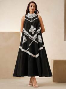 Anewsta Vestido sin mangas con bordado floral elegante bohemio para vacaciones, atuendos de primavera/verano para mujeres