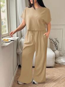 Solflare 大码纯色圆领短袖上衣和长裤休闲度假凉爽感两件套，夏季/春季女装，春假 - 卡其色 - 查看 5