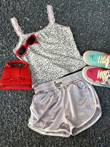 SHEIN Tween Girls Spring/Summer Letter Patched Detail Contrast Binding Metallic Track Shorts - Silver - View 7