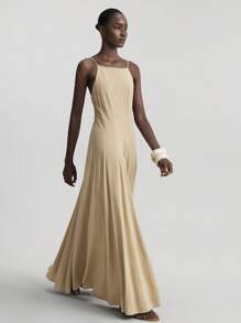 Ontre 2025 新款开叉设计女式卡其色细肩带条纹 A 字形连衣裙，休闲假日风格春夏 - 卡其色 - 查看 9