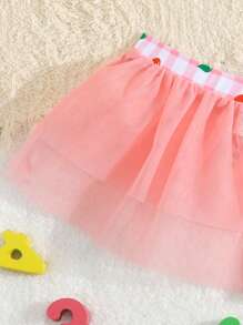 Conjunto de traje de baño de 3 piezas con falda minifalda, estampado a cuadros y cereza para niña joven de vacaciones