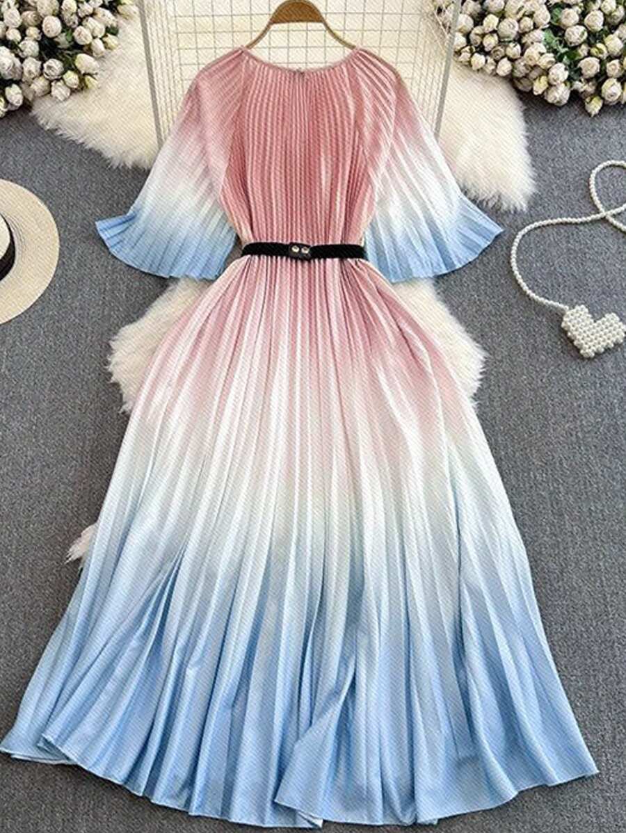 DreamSkyne Romantic Date  Plus Size Women's Casual Elegant Ombre Print Pleated Mid-Length Flared Sleeve Versatile Comfortable Dress, Spring/Summer - Multicolor - View 1