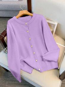 GlowEve CURVE 女式大码休闲简约优雅圆领单排扣长袖开衫 - 紫色 - 查看 5