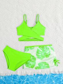 Young Girl Glow Green Criss-Cross Swimsuit Set With Tropical Plant Printed Coverup And Mini Skirt - Green - View 6