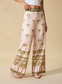 SHEIN PETITE 女士休闲椰子树印花高腰阔腿裤，度假