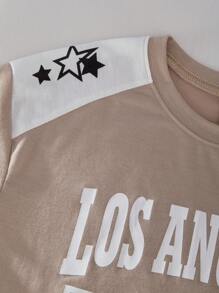 SHEIN Explorewe 2pcs/Set Tween Boys Letter Print Crew Neck Casual Loose T-Shirt & Sports Shorts Set - Apricot - View 8