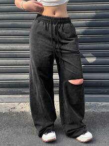 Teen Girls' Black Casual Ripped & Acid-Washed Drawstring Waist Wide Leg Sweatpants - Black - View 1
