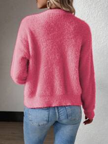 Calvaya Solid Color Front Button V-Neck Elegant Mink Hair Cardigan With Short Length, Long Sleeve Fall Winter Cloth For Women - Watermelon Pink - View 2