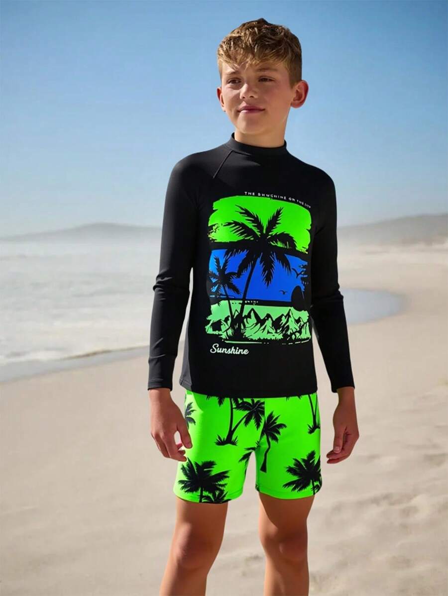 SHEIN Tween Boy Palm Tree Print Raglan Long Sleeve Rashguard And Swim Trunk Swimsuit Set, Suitable For Pool Or Beach Tween Boys Outfits Boys Beach Outfits Boy Beach Outfits Boys Swim Outfits Boys Swim Set Teen Boys Swimwear - Multicolor - View 1