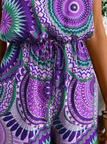 Breezaya Bộ đồ liền thân không tay in họa tiết toàn thân buộc eo cho nữ - Màu tím - Xem 6