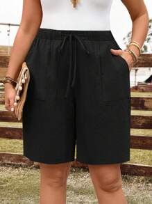 EMERY ROSE Plus Size Women Solid Color Tie-Waist Pockets Casual Shorts