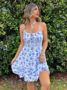 SHEIN VCAY 女士春假加大花卉印花系带荷叶边下摆吊带连衣裙、母亲节礼物、复活节服装、女士度假服装、女士演唱会服装、女士毕业礼服