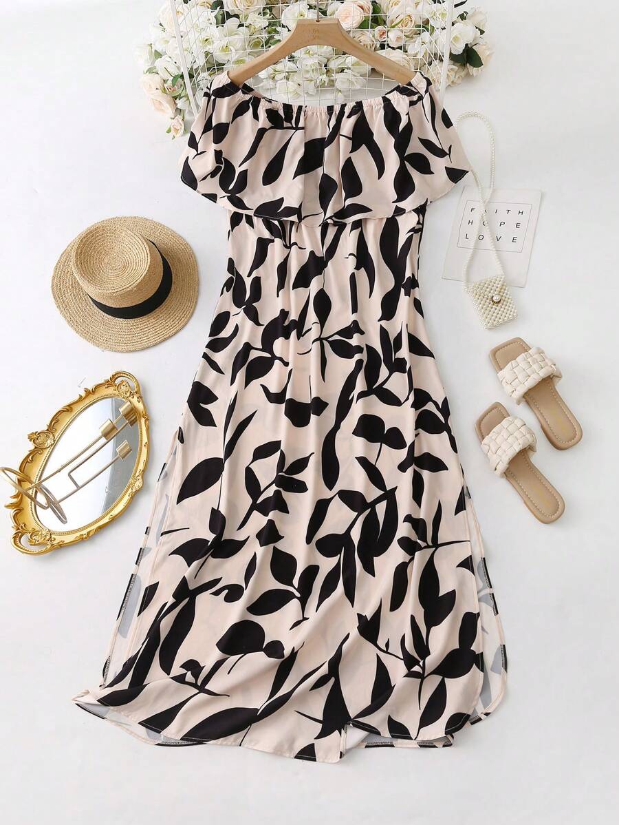 SHEIN VCAY 大码休闲植物印花露肩高开衩连衣裙，适合夏季和冬季，超长度假海滩装，长款度假休闲连衣裙，母亲节礼物，复活节服装，女士度假装，女士音乐会装，女士毕业礼服 - 卡其色 - 查看 1