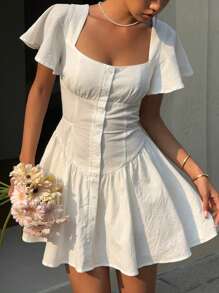 MainGRL Women White Woven Square Collar Front Button Elegant Short Sleeve Mini Dress