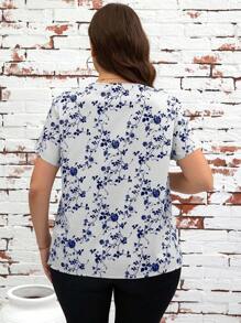 SHEIN Clasi Plus Size Floral Print V-Neck Short Sleeve Elegant Summer Shirt
