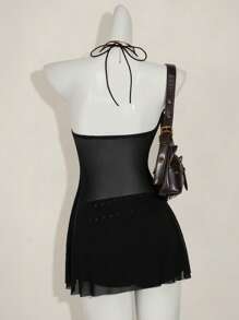 SHEIN ICON Women's Criss-Cross Halter Asymmetrical Mesh Patchwork Camisole,Rave Top - Black - View 2