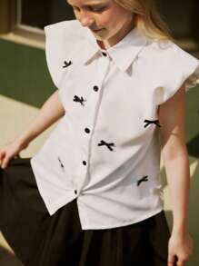 SHEIN Explorewe Tween Girls' Single-Breasted Casual Loose Contrast Color Bow Blouse Blouse For Girls - White - View 1