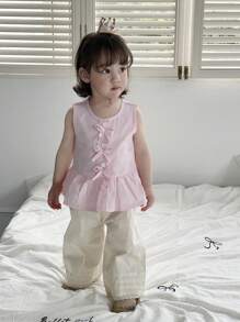 SHEIN Vintaside Kids Blusa informal elegante sin mangas para bebé/niña pequeña a rayas rosadas y blancas con moño