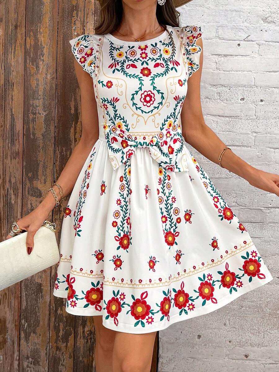 SHEIN Clasi 夏季度假连衣裙，女装优雅印花小飞袖收腰A字针织弹力连衣裙，适合各种场合穿着 - 彩色 - 查看 1