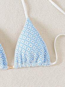 Swim Mod Women Summer Beach Solid Color Textured Halter Triangle Bikini Top - Blue - View 3