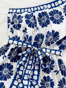 Soleia Spring & Summer Casual Vacation Western Beach Wedding Guest Attire, Graduation Brunch Wear, St. Patrick's Day Spring Break, Easter, Music Festival Elegant Bohemian Tropical Chic New Arrivals Blue & White Floral Print Tie-Strap Jumpsuit - Blue and White - View 3