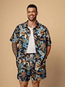 EASEVO Plus Size Men Loose Casual Printed Woven Shirt & Shorts Set - Multicolor - View 5