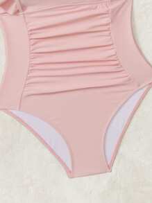 SHEIN 1pc Cute Ruched Shoulder Strap Pleated One-Piece Swimsuit, Summer New Design - Pink - View 7