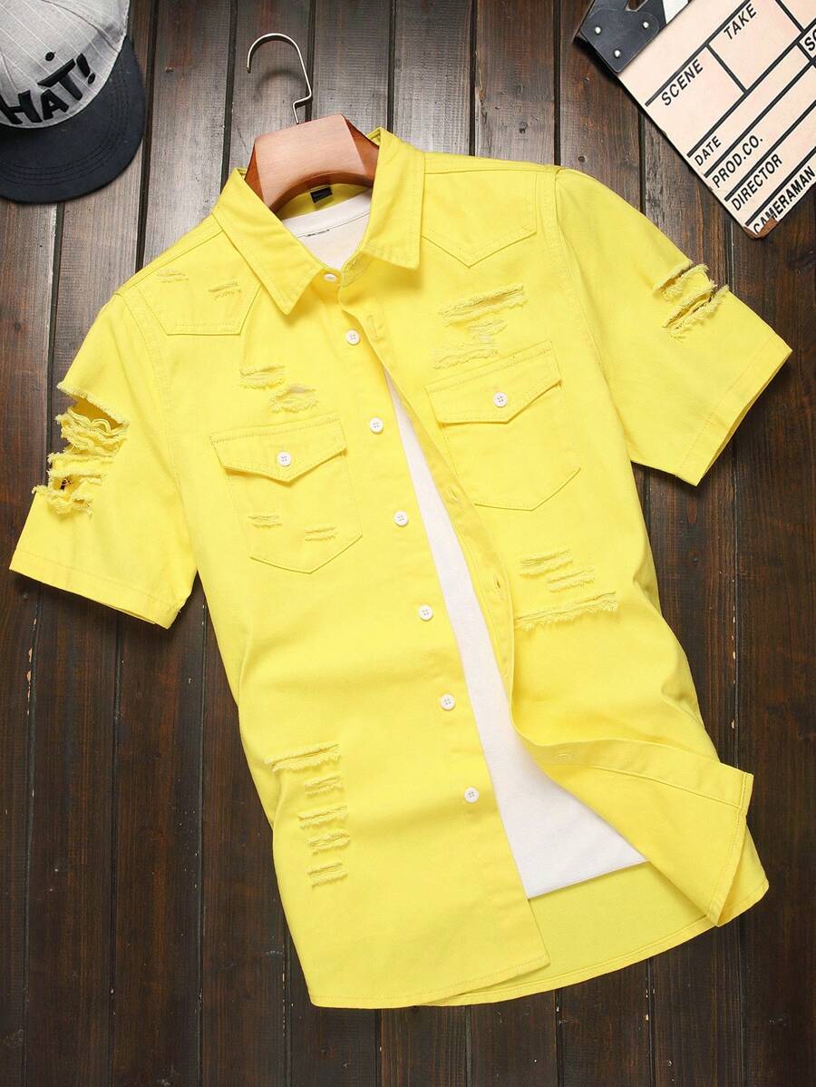 Manfinity Homme Men's Ripped Front Button Casual Short Sleeve Denim Shirt - Yellow - View 1