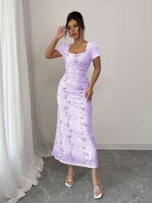 Elenzga Women's Elegant Romantic Sexy Floral Print Mesh V-Neck Bow-Tied Ruched Bodycon Dress, Suitable For Spring & Summer, Valentine's Day - Mauve Purple - View 7