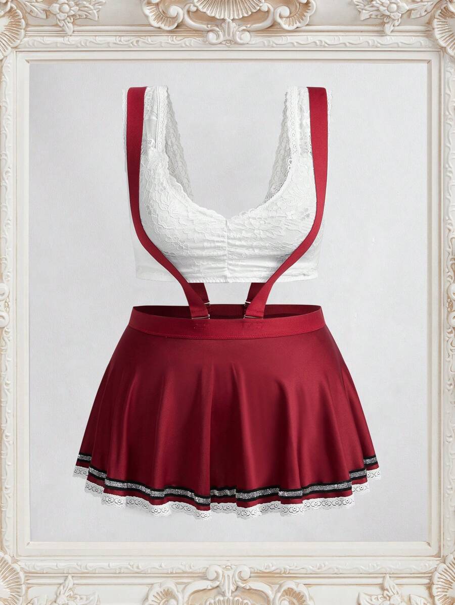 طقم ملابس داخلية تنكرية من الدانتيل للمقاسات الكبيرة - تنورة قصيرة وصدرية - متعدد الألوان - مشاهدة 1