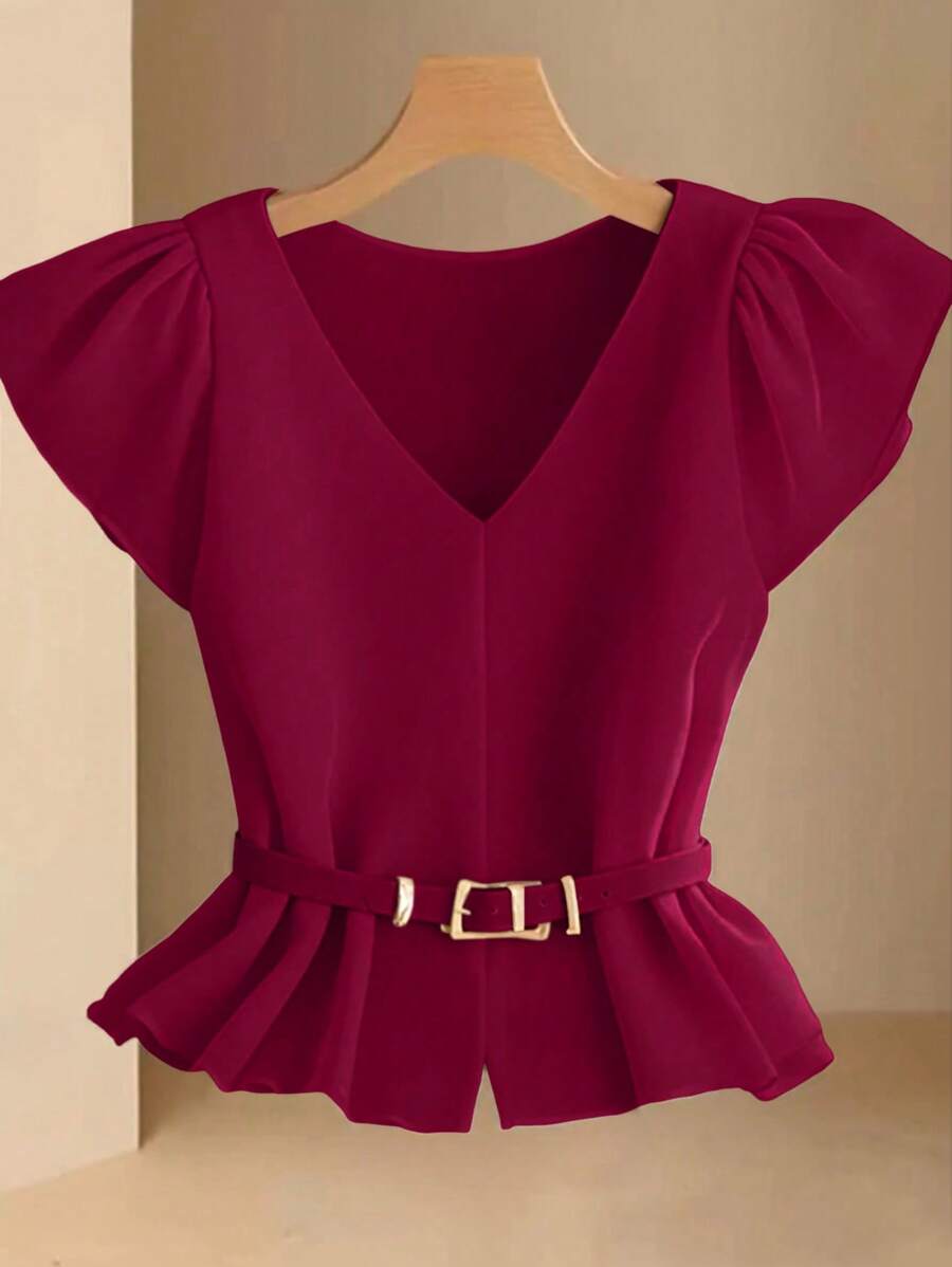 Franclia 女士勃艮第酒红色优雅简约 V 领衬衫，无腰带 - 酒紅色 - 查看 1